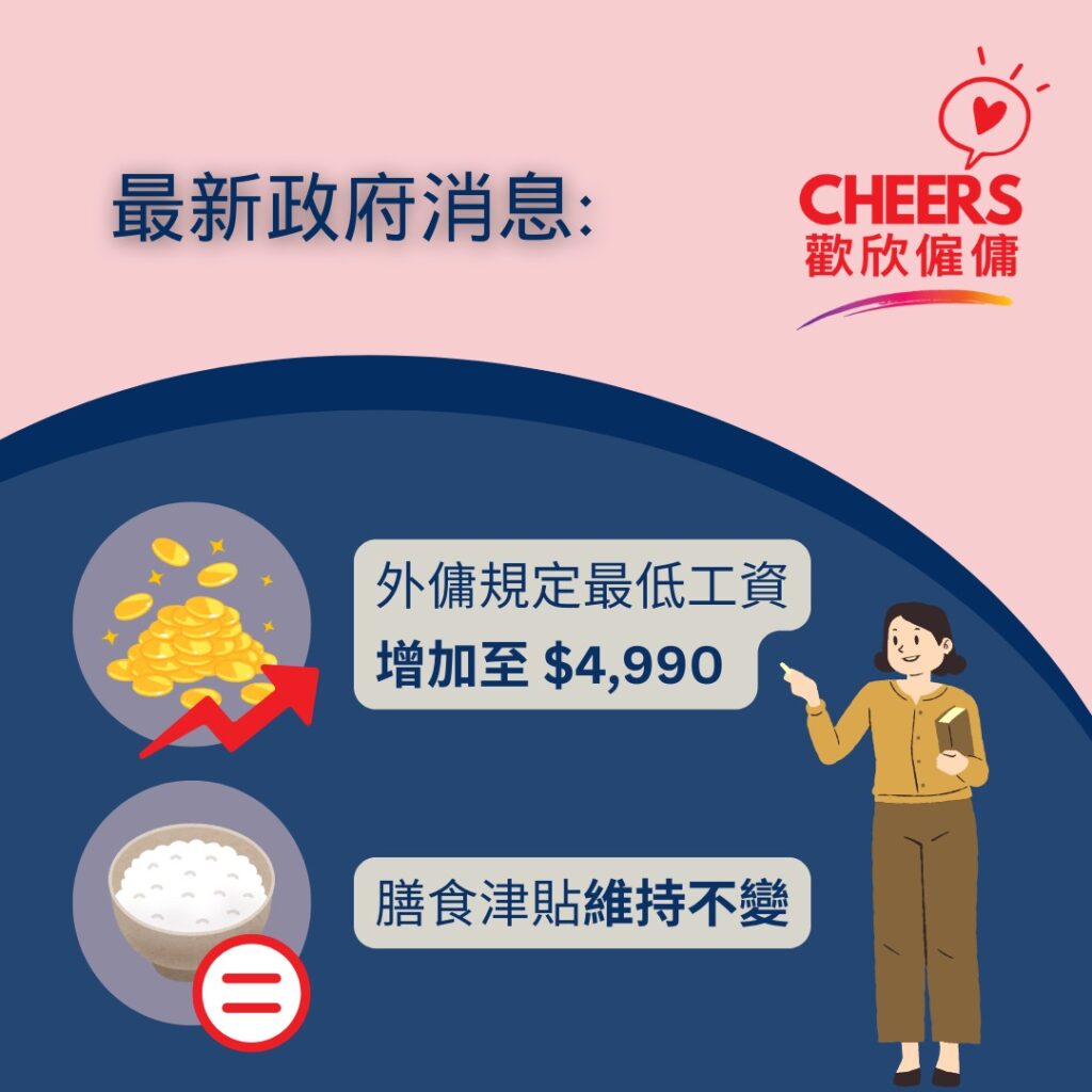 歡欣僱傭 Cheers Employment | 外傭最低工資調高至 $4990 | 外傭最低工資 2024 | 外傭膳食津貼2024